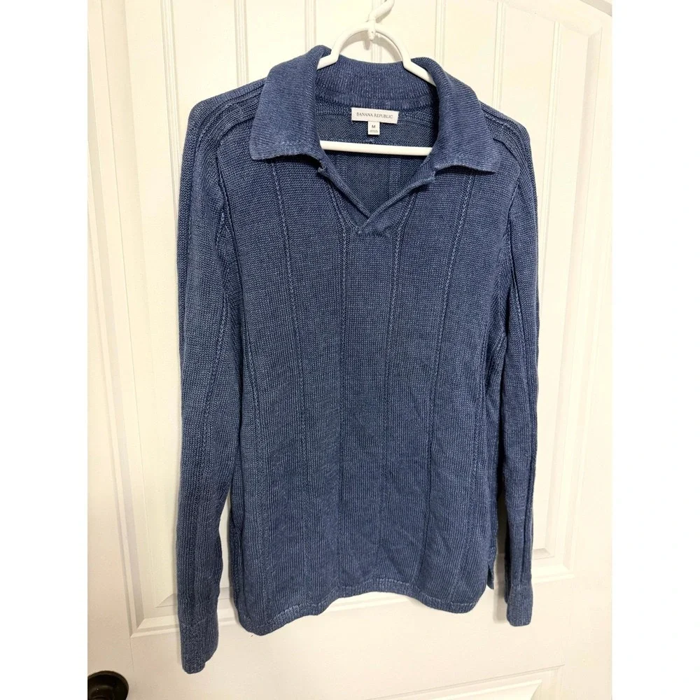 Banana Republic Sweater Mens M Blue Linen Polo Collar Ribbed Knit Pullover